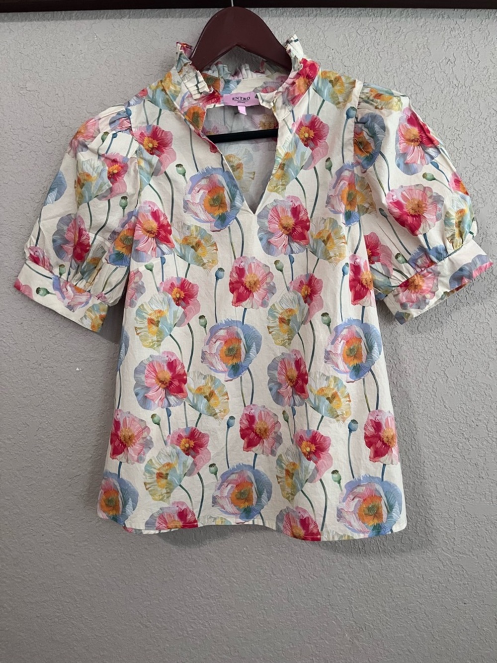 Entro Floral Poppy Ruffle Neck Puff Sleeve Blouse Size Small - Picture 6 of 13